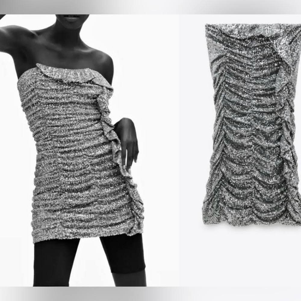 Zara mini dress sequin with ruffle down the side NWT